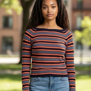Forever 21 Ribbed Stripey Retro Style Scoop Neck Sweater